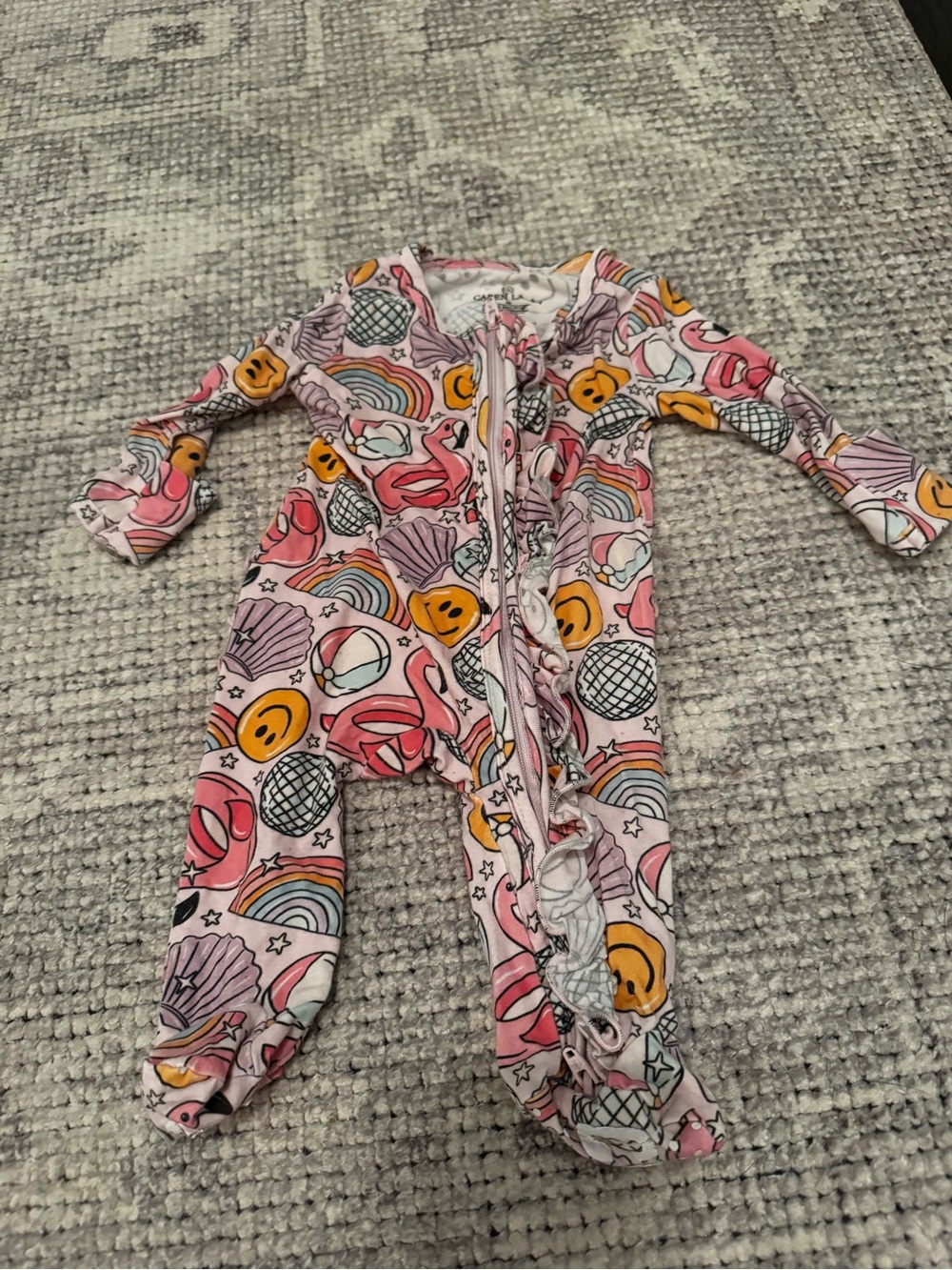 Caden Lane Pink Smiley Rainbow Shells Footed One-Piece